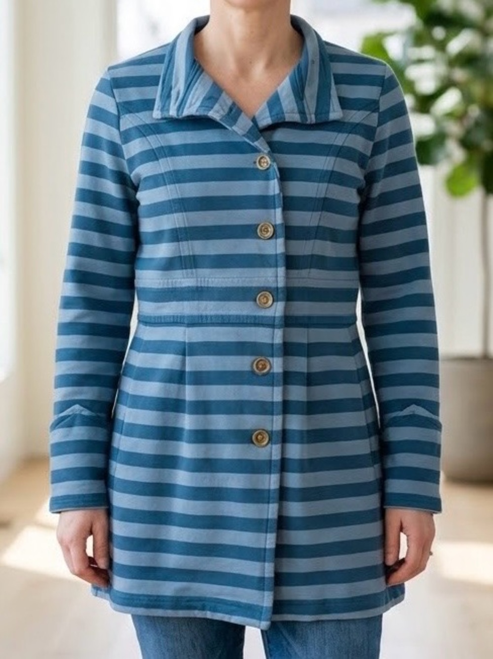 Matilda Jane Blue Striped Pea Coat Jacket Peplum Button Front Fleece Knit M EUC